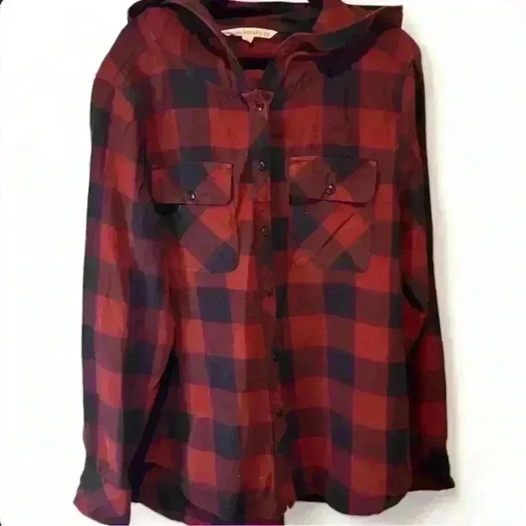 Hippie Laundry Women's Plaid Hooded Flannel Shirt Maroon/Black Size Medium - Picture 1 of 3